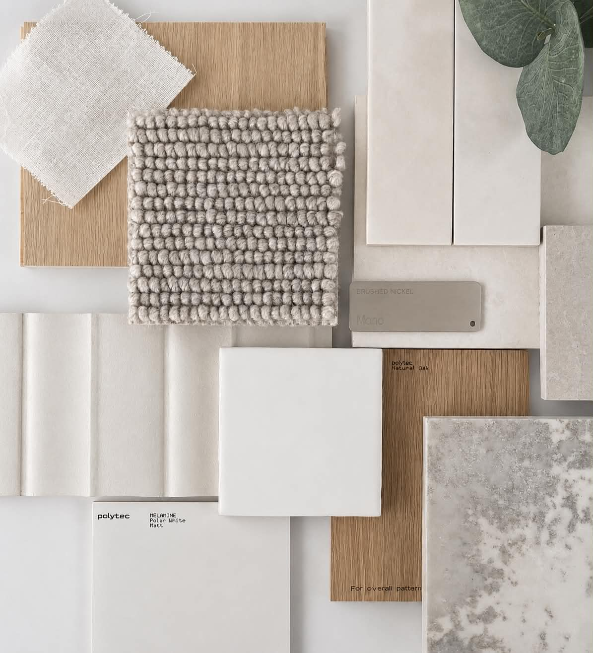 Curated cabinetry colour, material and finish samples for a custom interior